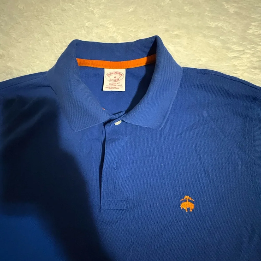 BROOKS BROTHERS Cobalt Blue Orange Logo Supima Cotton Short Sleeve Polo Size M